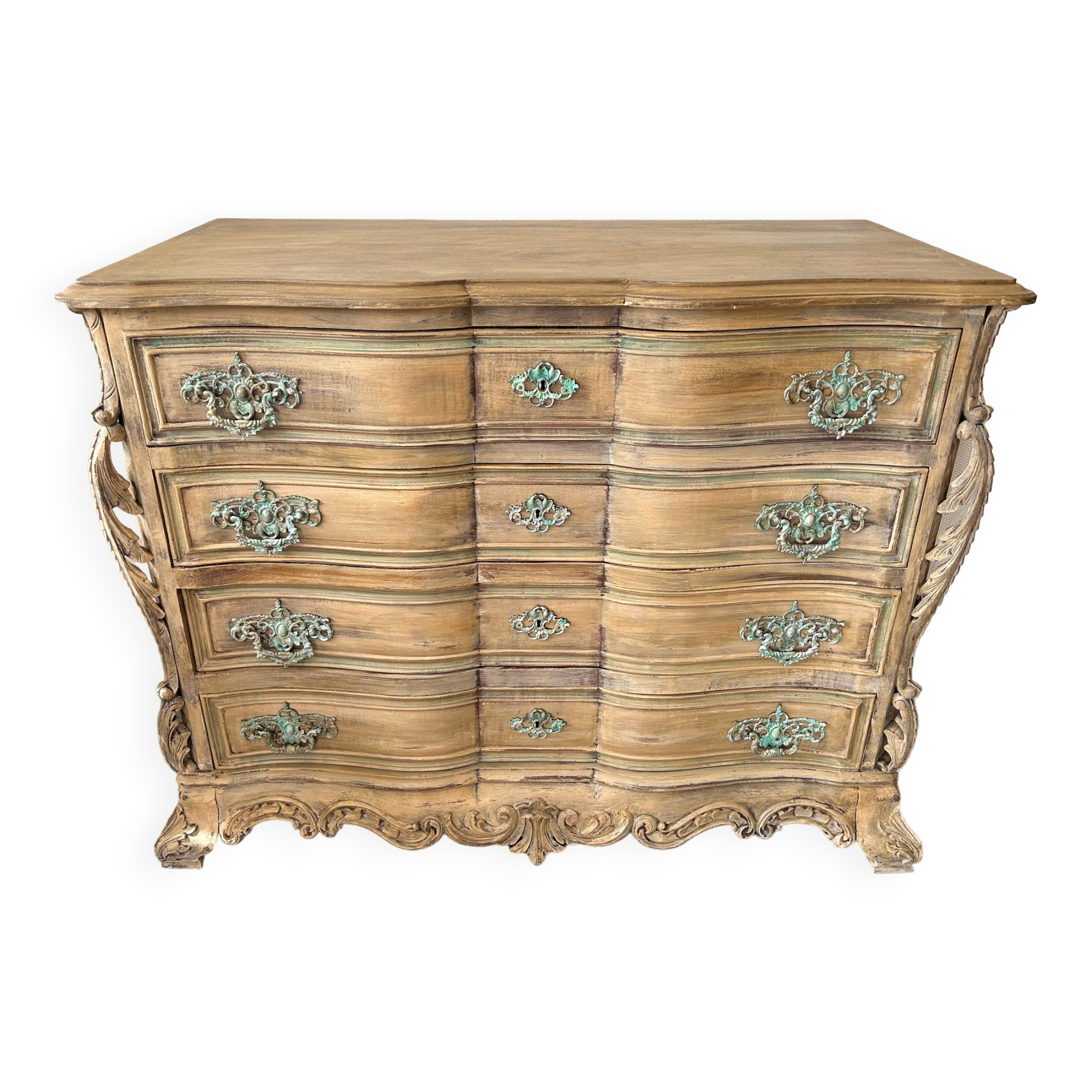 Patinated baroque crossbow chest of drawers