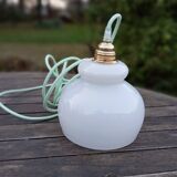 Lampe baladeuse opaline blanche vintage, cordon vert menthe