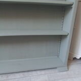 Vintage shallow bookcase, re-enchanted in gray green, wooden tray.