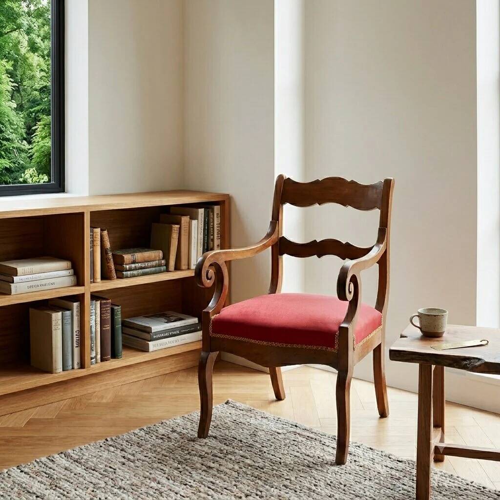Antique Restoration-style armchair in walnut, fabric, Italy, 19th century.