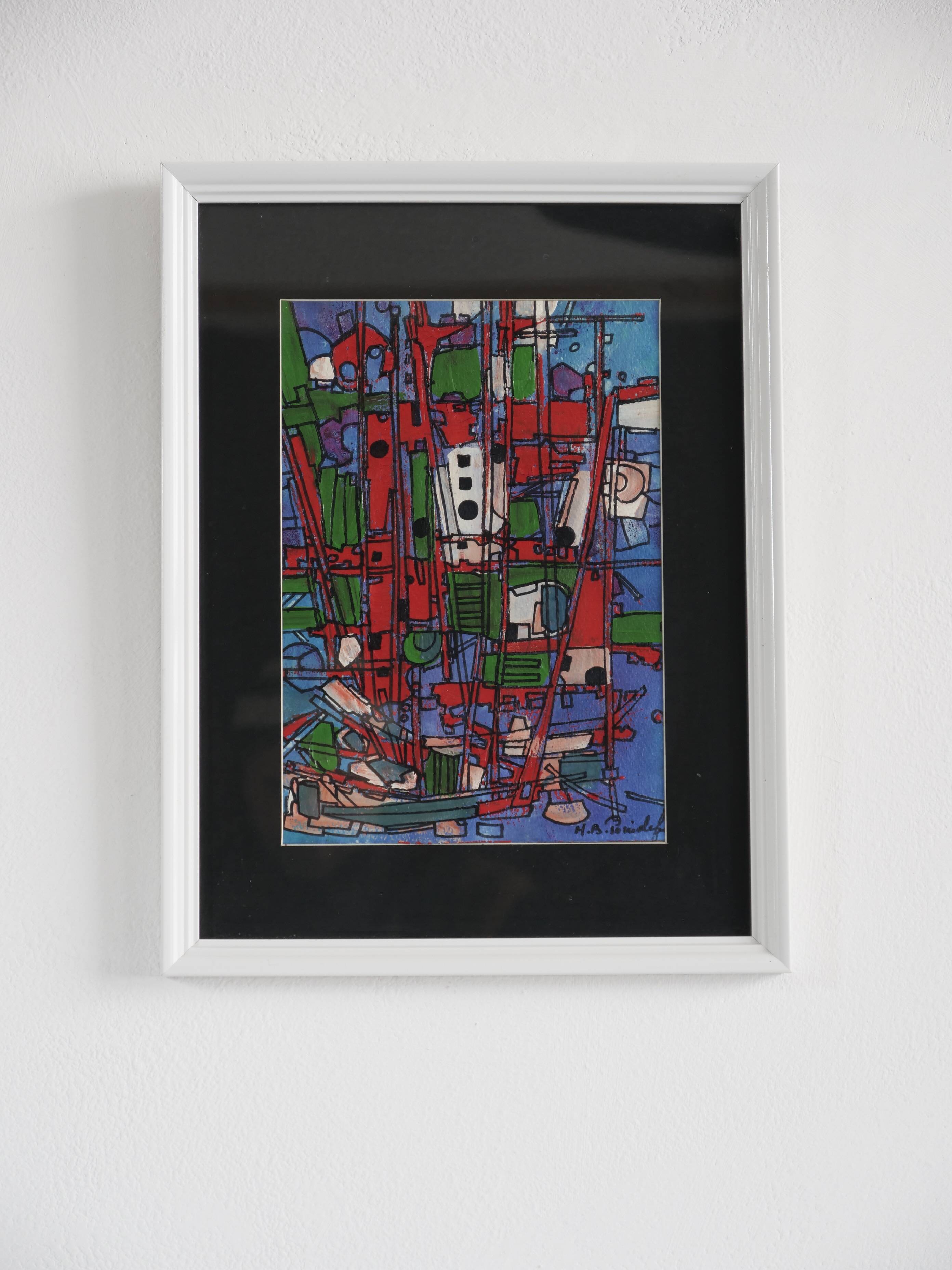 framed painting "red boats" signed