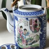 Japanese fine porcelain teapot, Geisha/cherry blossom patterns, Bamboo imitation handle
