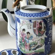 Japanese fine porcelain teapot, Geisha/cherry blossom patterns, Bamboo imitation handle