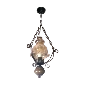 Lustre fer forgé, bois & verres