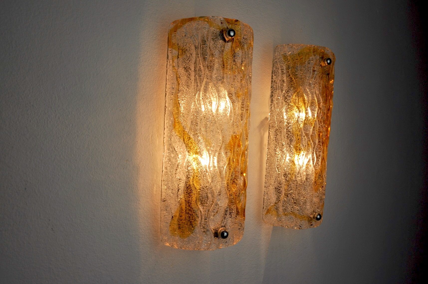 Pair of Mazzega wall lamps, orange Murano blown glass, Italy, 1960