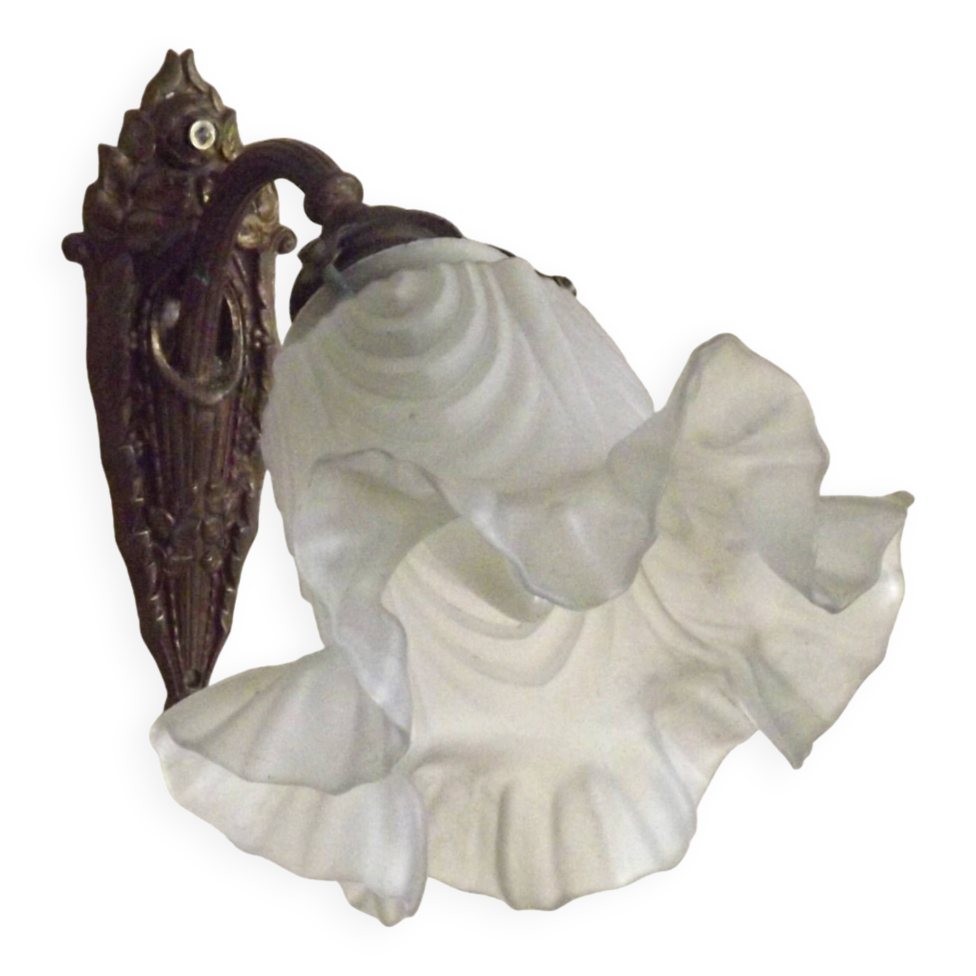 Single French Bronze Art Nouveau Wall Light with Flower Detail and White Glass Shade 4970