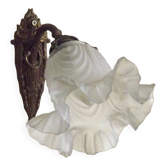 Single French Bronze Art Nouveau Wall Light with Flower Detail and White Glass Shade 4970