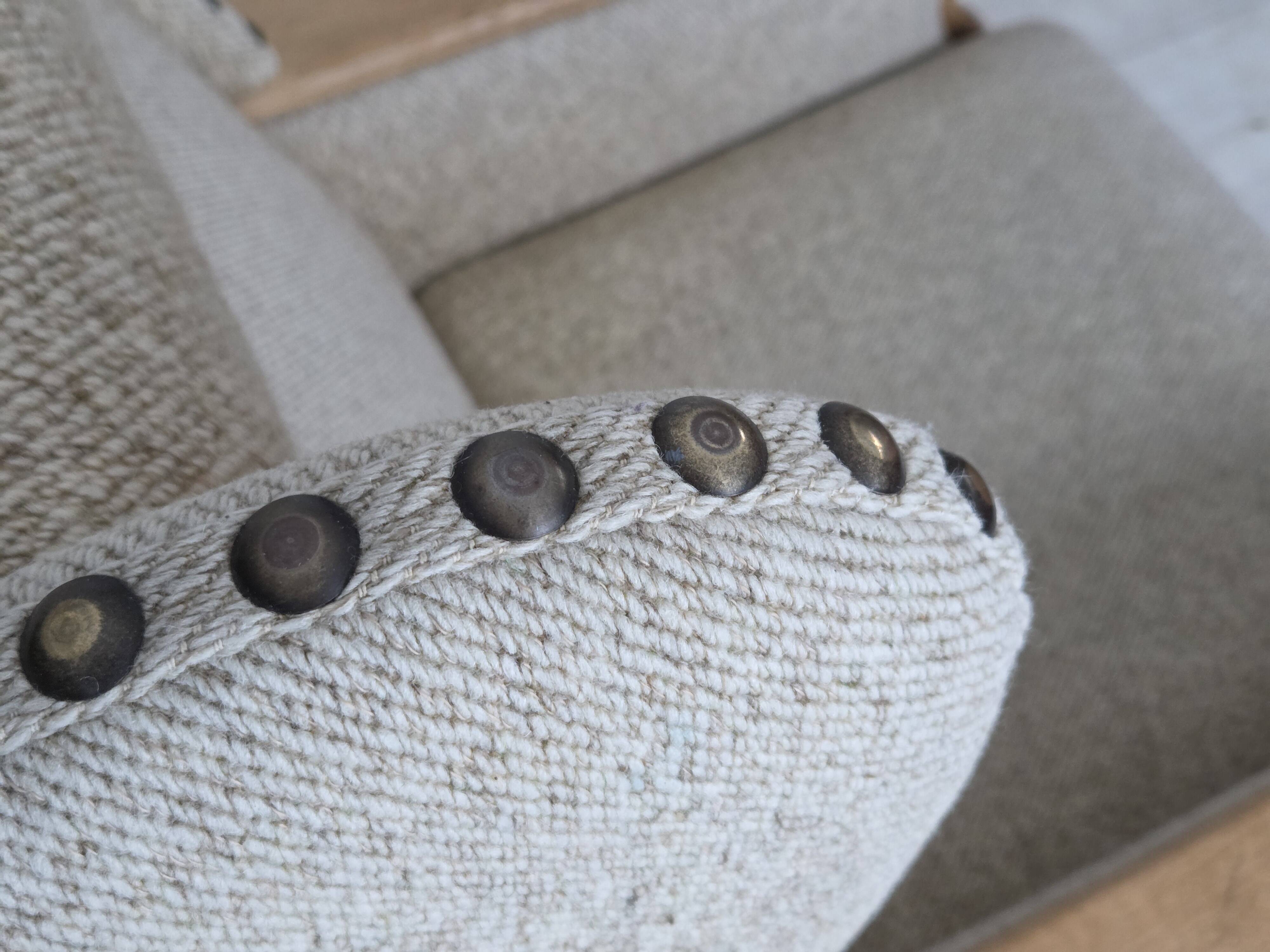 1970s, Danish highback armchair, furniture wool, solid oak wood.