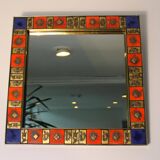 Vintage square mirror in gilded brass and enameled ceramic, 1970;