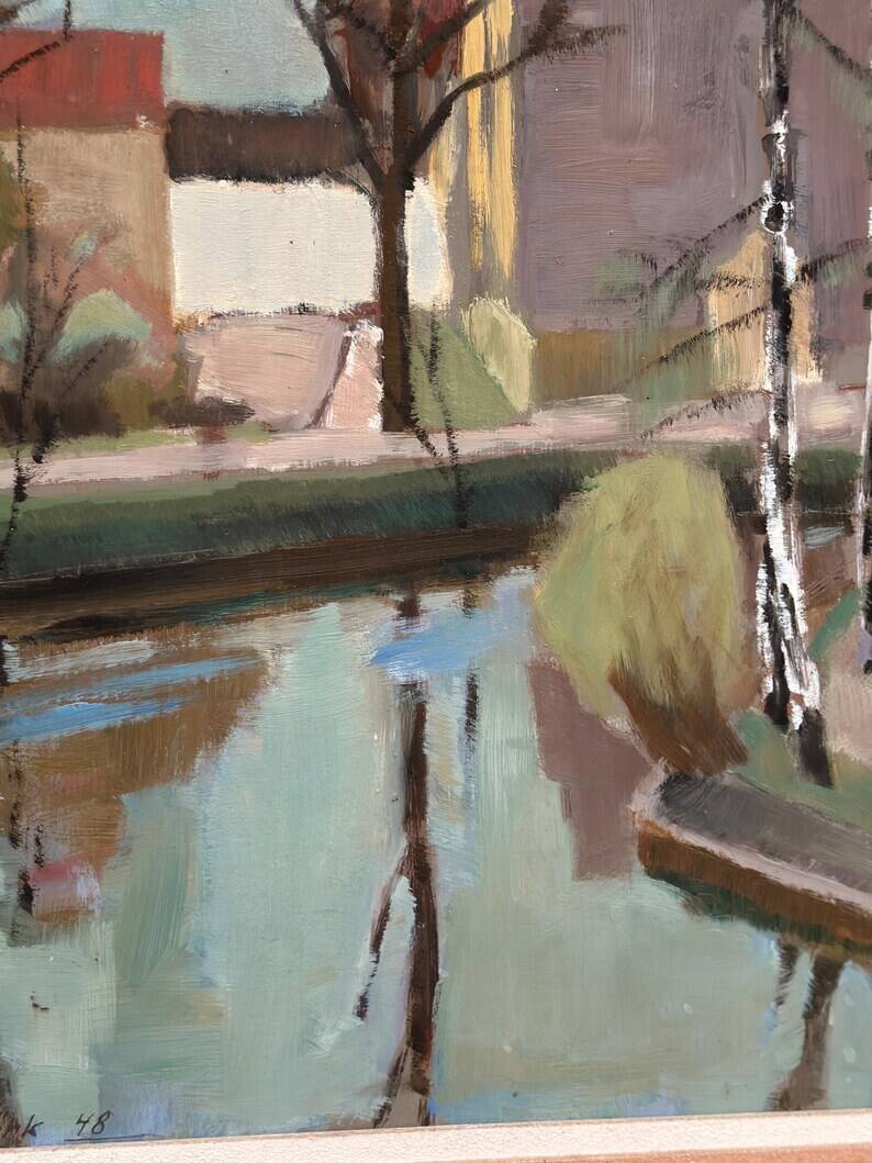 Original Swedish Oil on Canvas - "Landscape with Trees and Buildings" by Ingvar Björk - 1948 - Vintage - Framed - 62 × 48 cm (24.4" × 18.9")