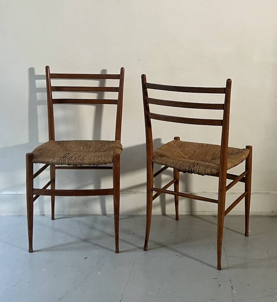 Set of 2 Italian chairs in wood and straw, Gio Ponti style 1950