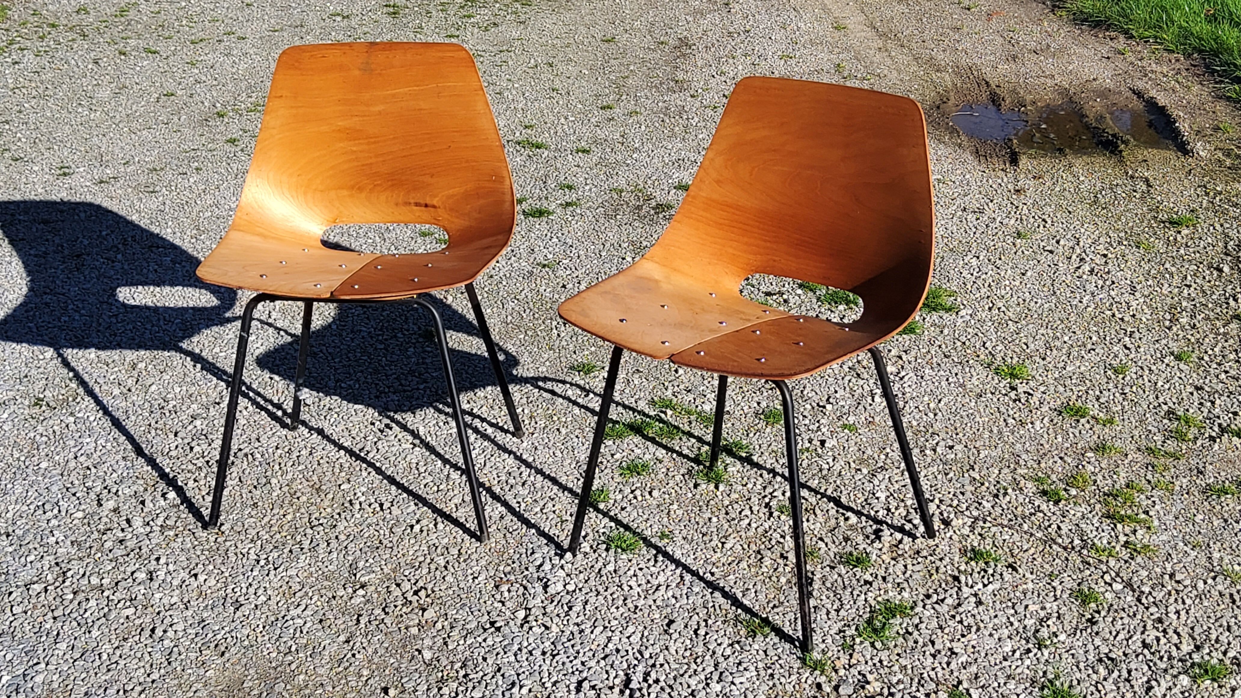 Pair of tonneau chairs by Pierre Guariche plywood base tubes 1954