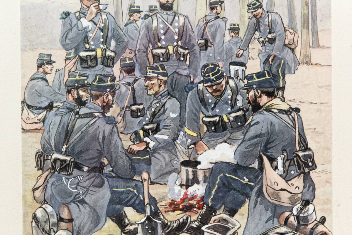 Set of 3 military drawings, watercolor and gouache by Pierre Albert Leroux