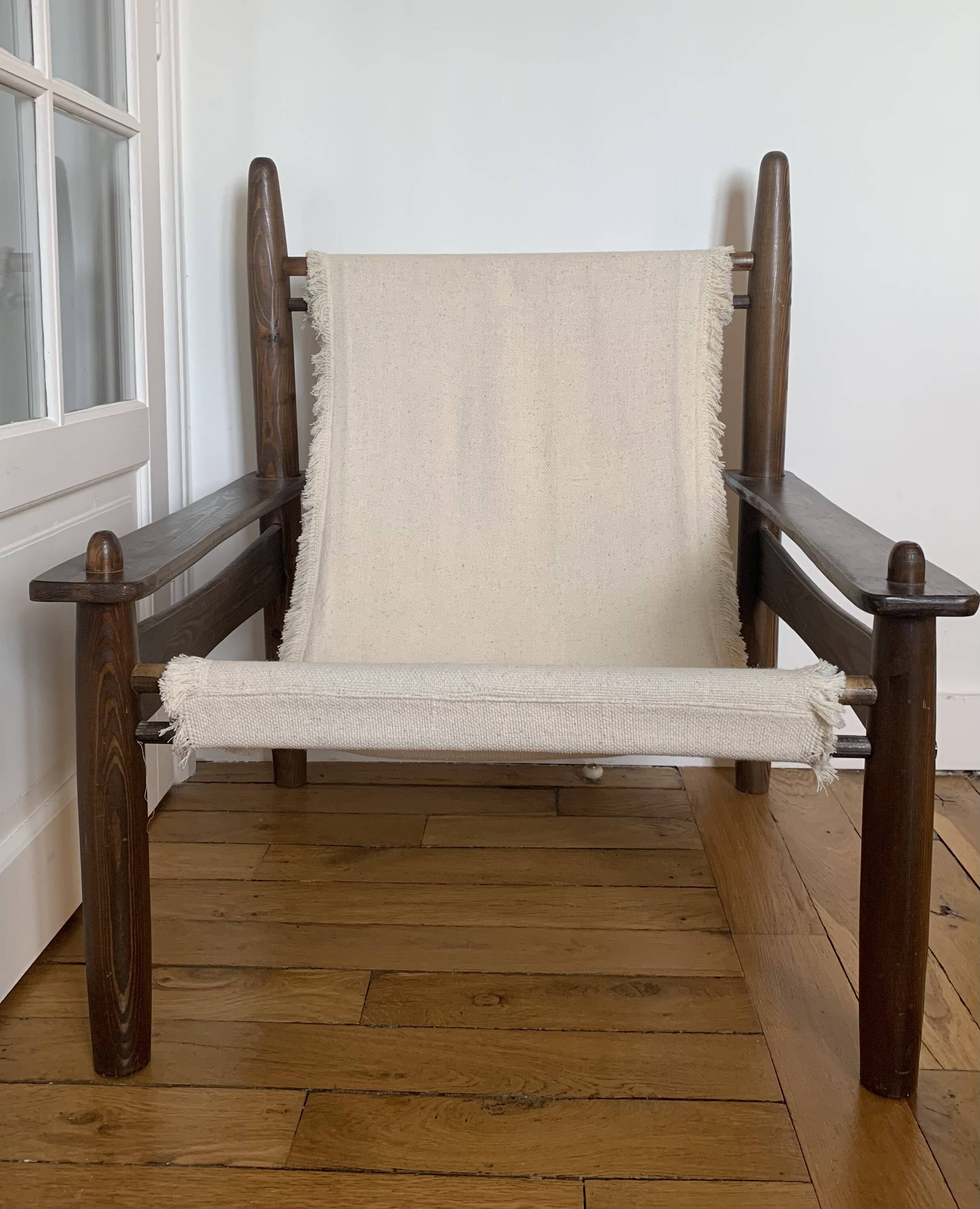 Honoré Safari armchair in wood and beige canvas