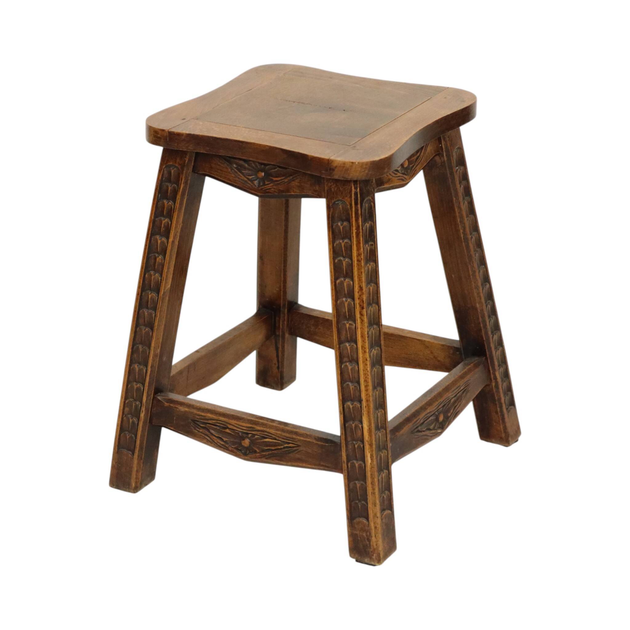 Characterful Solid Wood Vintage Stool Sculpted