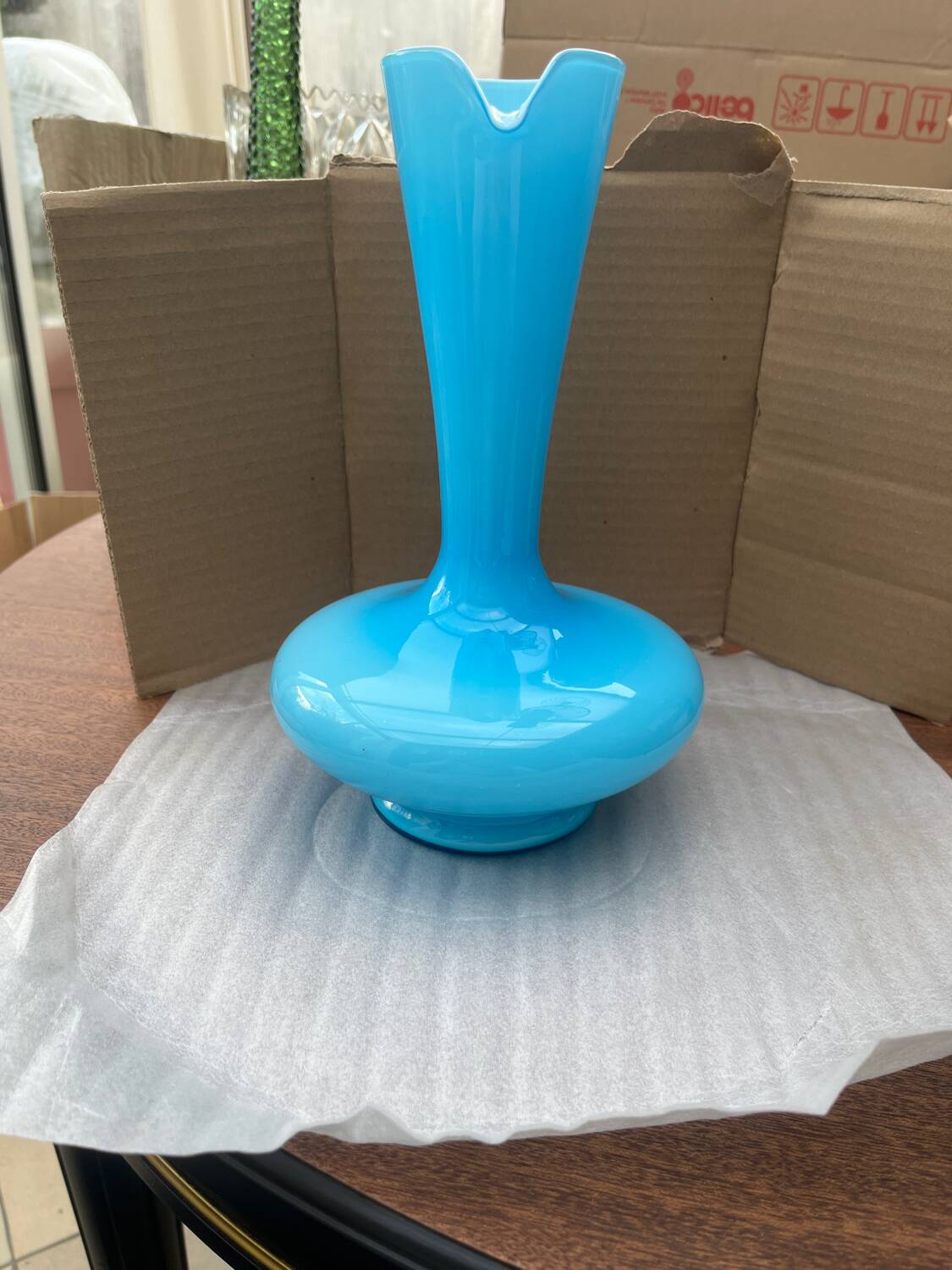 Blue opaline carafe vase with a transparent handle