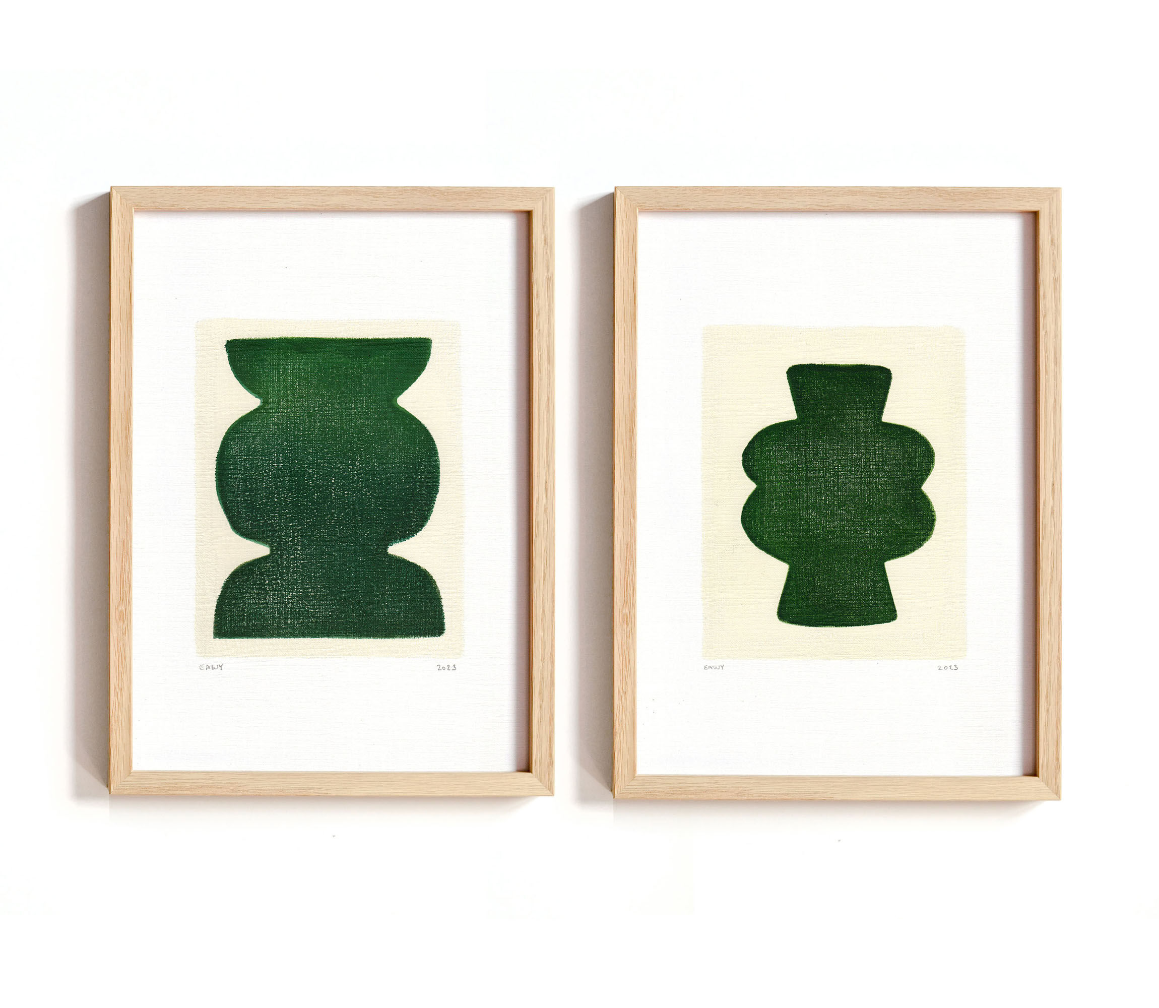 Duo of paintings on paper - pow and mood - dark green - signed eawy