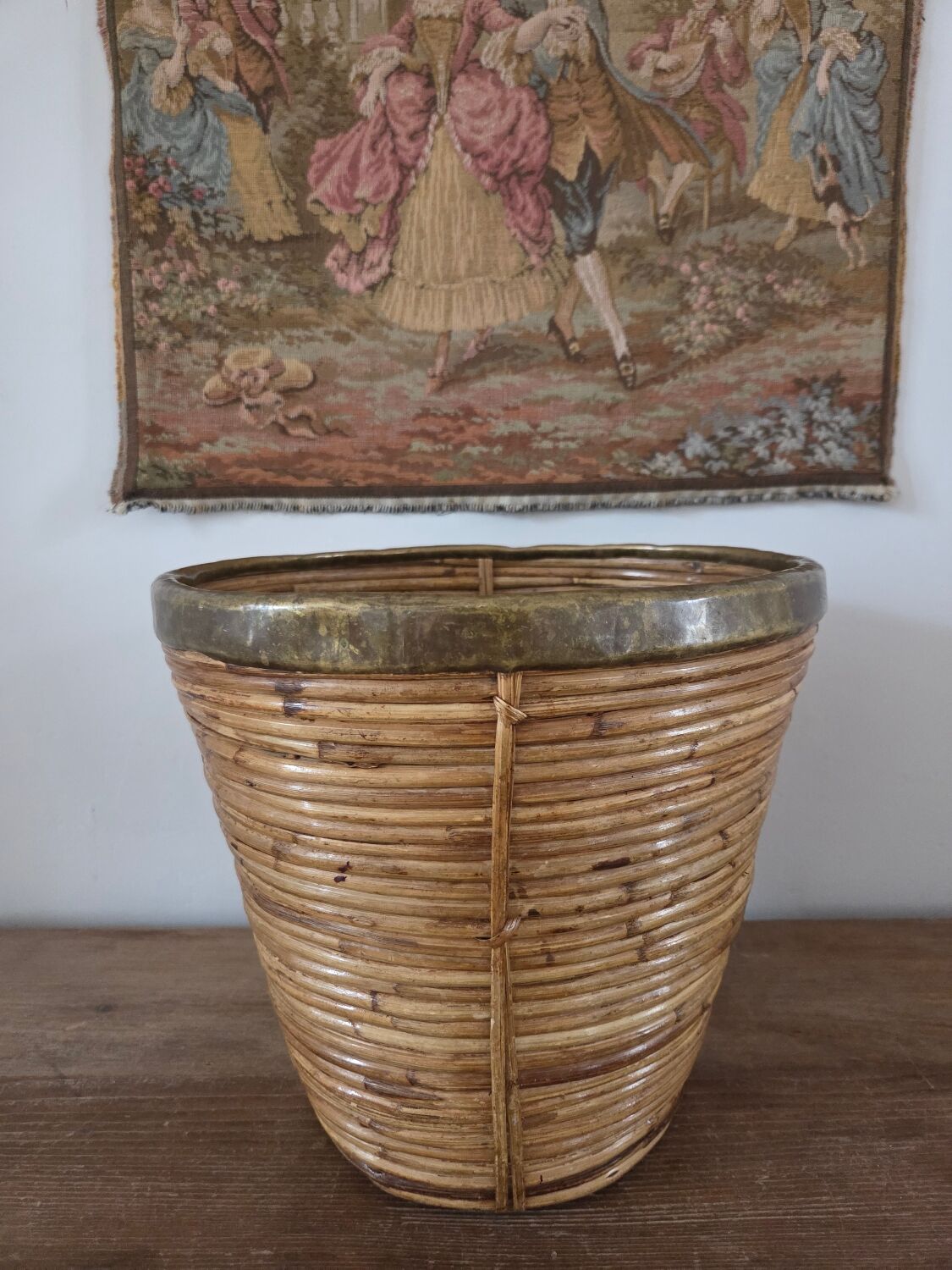 Rattan and brass cache pot, Italy.