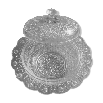 Old round chiseled glass butter dish