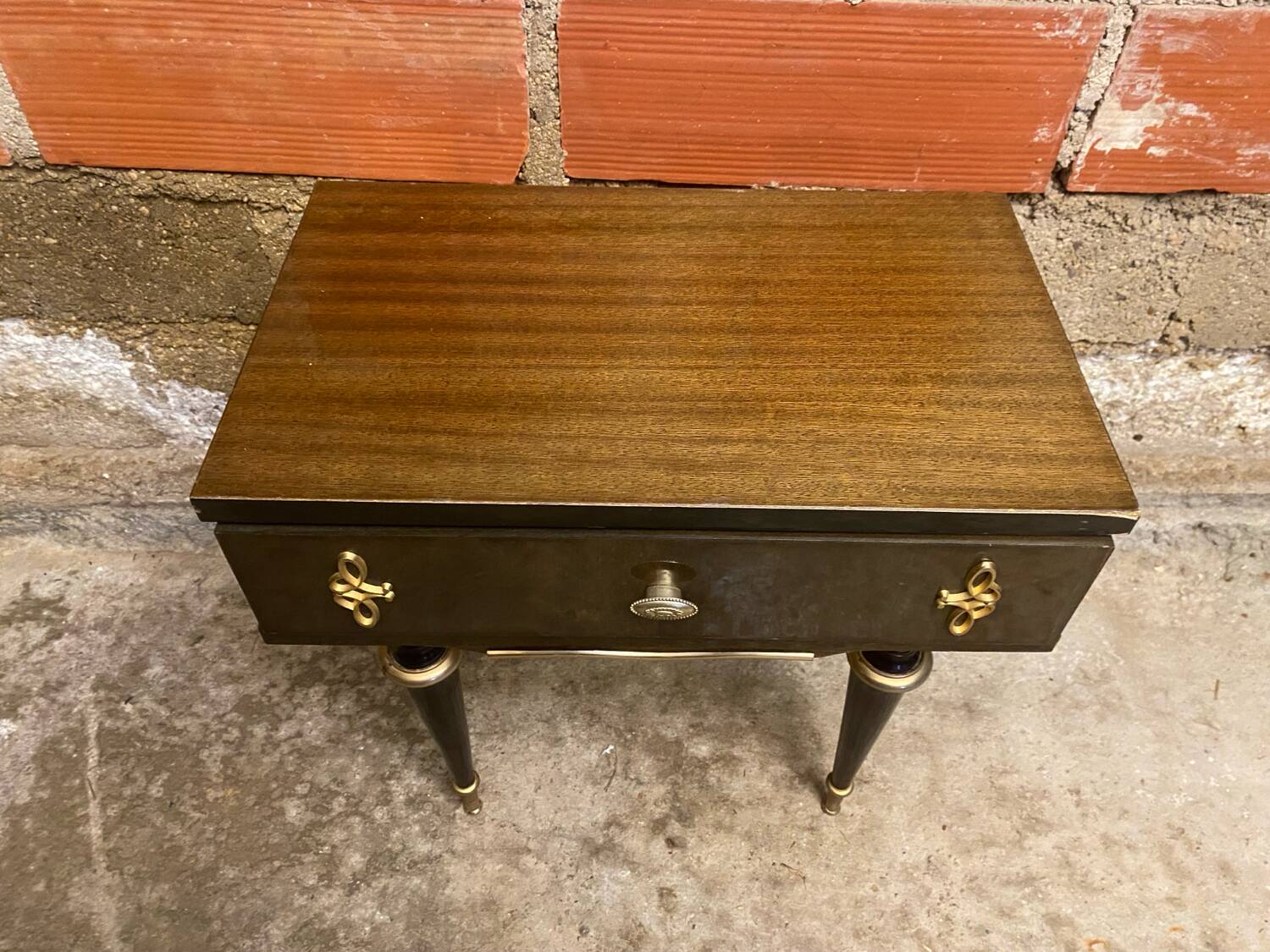 Antique Nightstand N252 Drawer Lacquered Wood Mid 20th Century Vintage