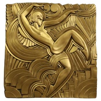 Superb large art deco plaster bas-relief, painted gold after Maurice Picaud, "la dance"