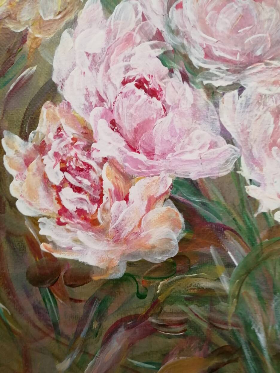 Peony bouquet painting signed and delivered with its certificate