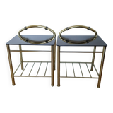 Pair of bedside tables in brass and smoked glass
