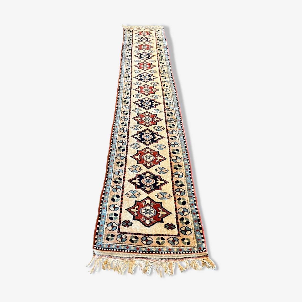 Baby Blue and Beige Long Vintage Hallway Runner