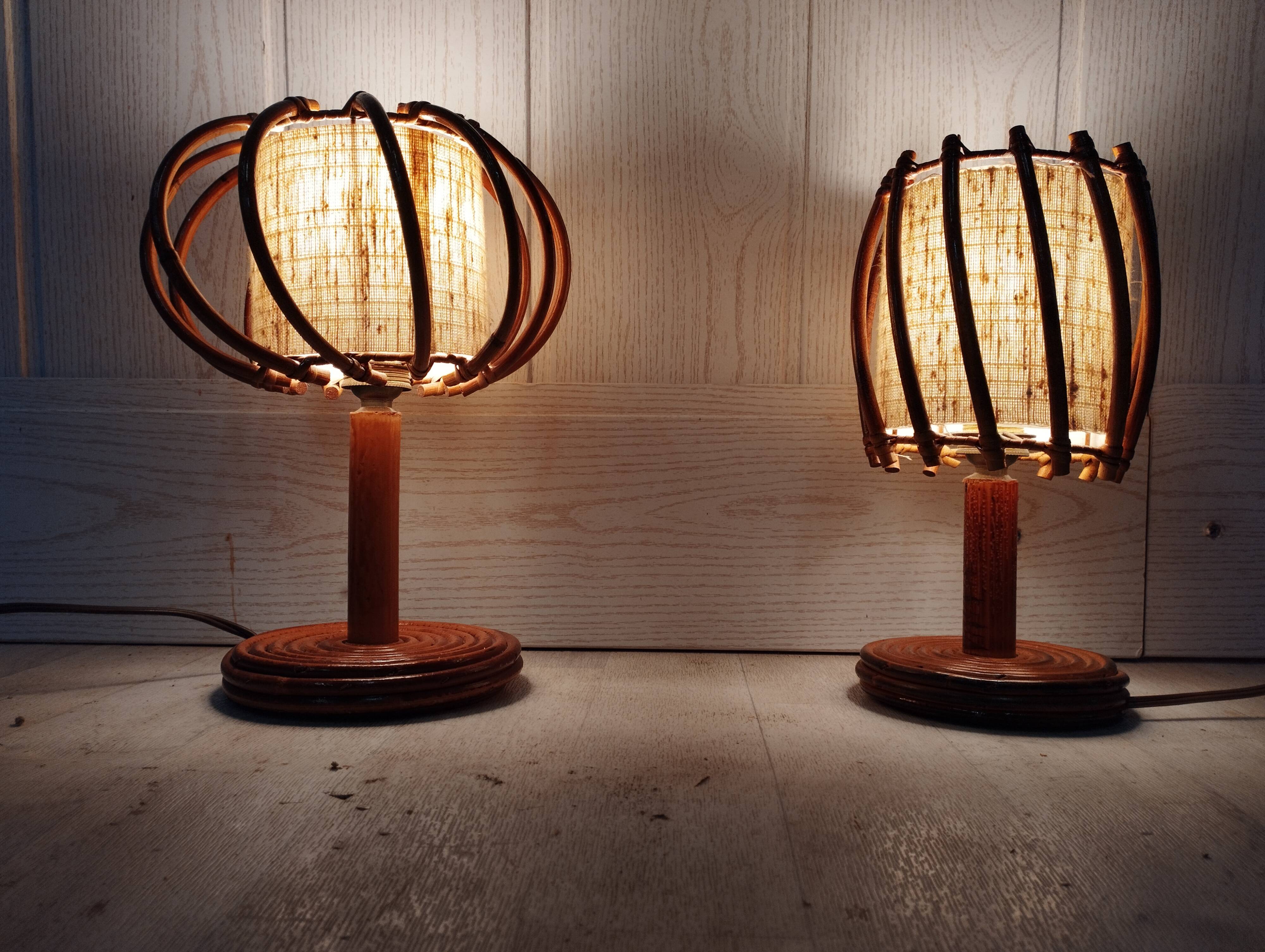 Pair of Louis Sognot rattan bedside lamps