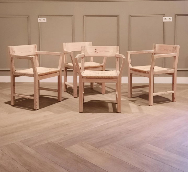 Set of 4 pine chairs with Tage Poulsen paper rope seat for Gramrode 1970