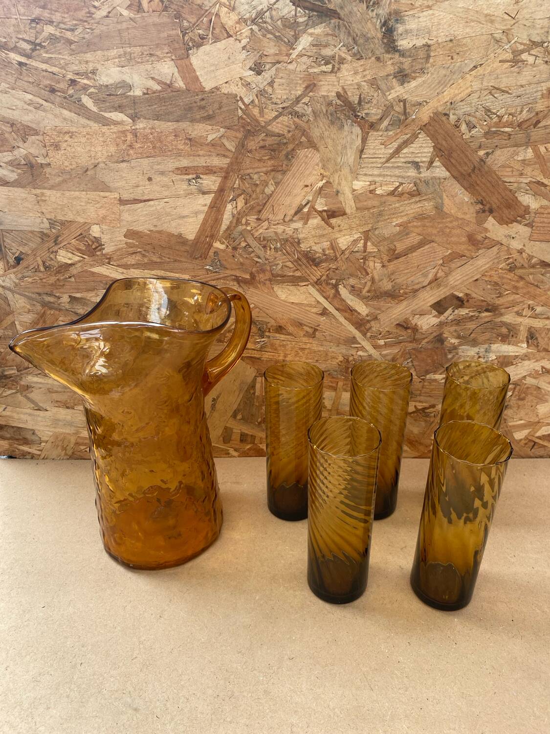 Orangeade carafe service + 5 vintage orange blown glass glasses