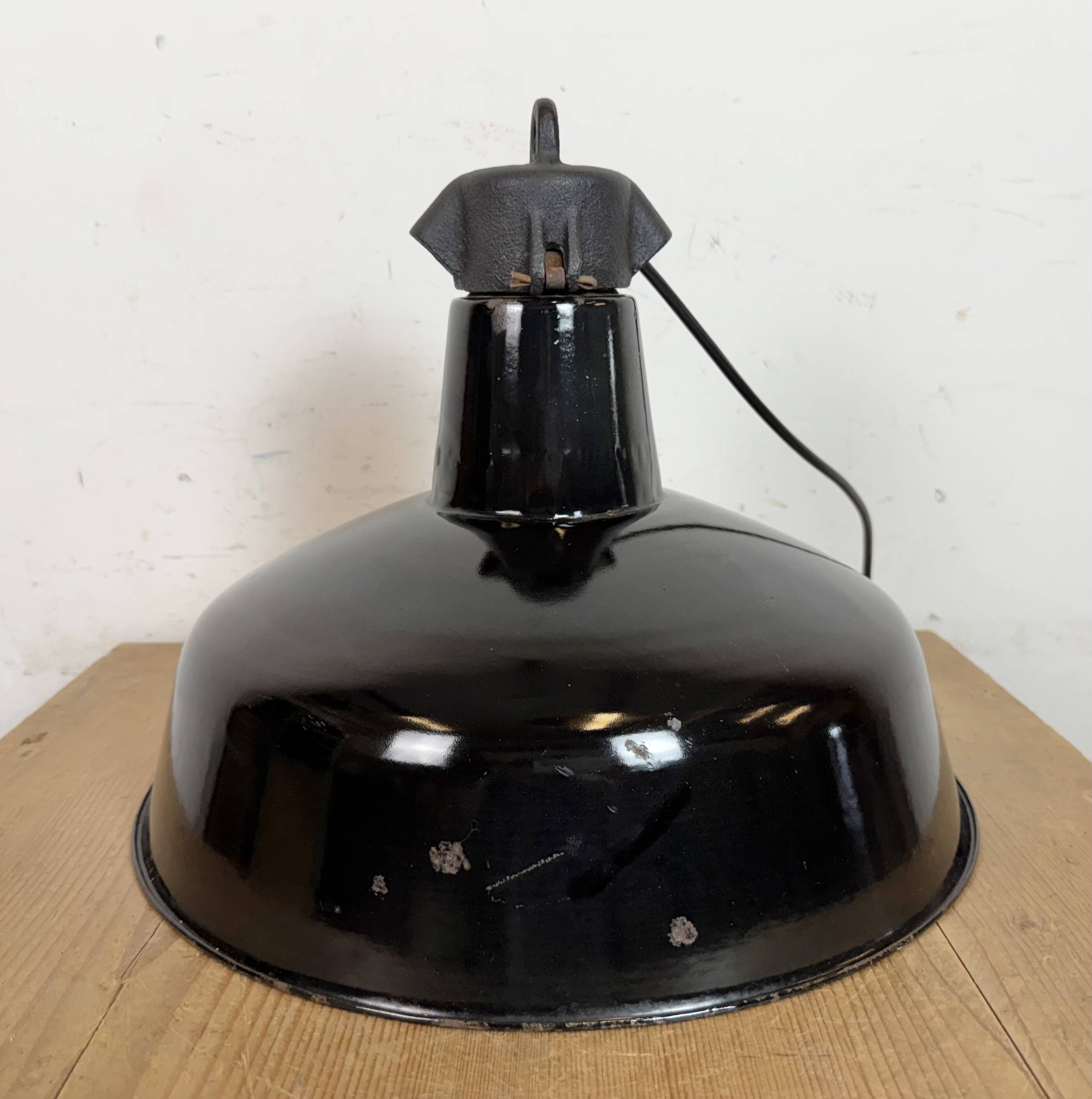 Industrial Black Enamel Factory Lamp with Cast Iron Top, 1950s