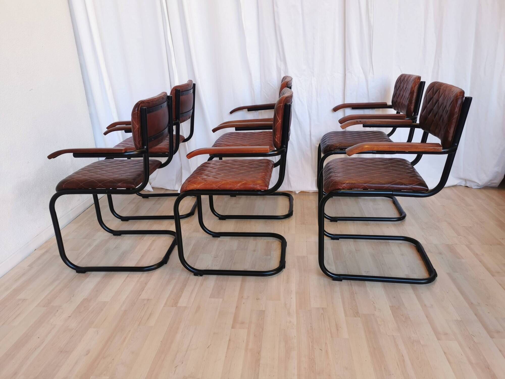 Set of 6 Vintage Cognac Leather Dining Chairs: Quilted Industrial Armchair