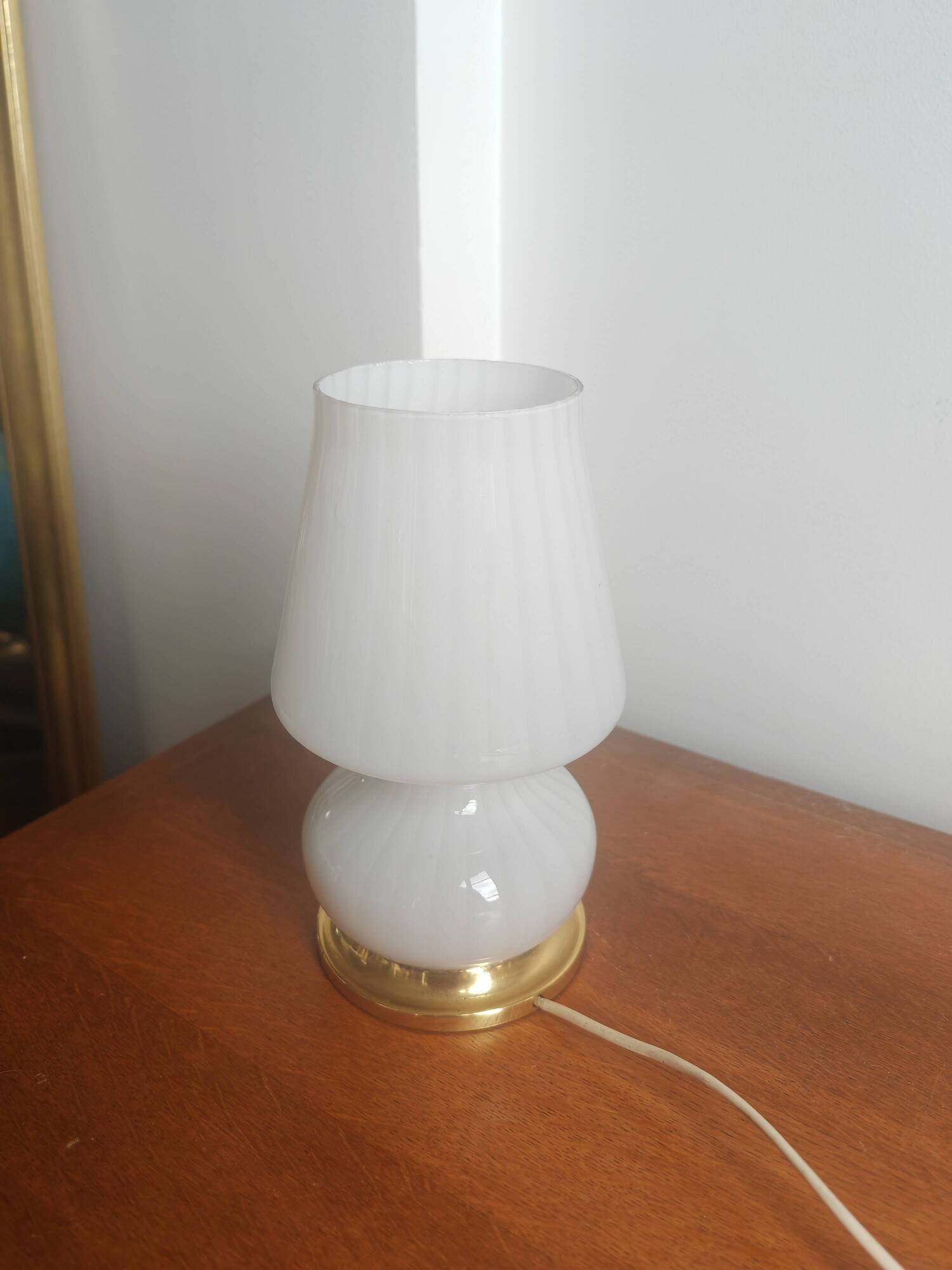 Vintage Murano / Vetri Mushroom Lamp - Opaline Glass & Brass - 1970s
