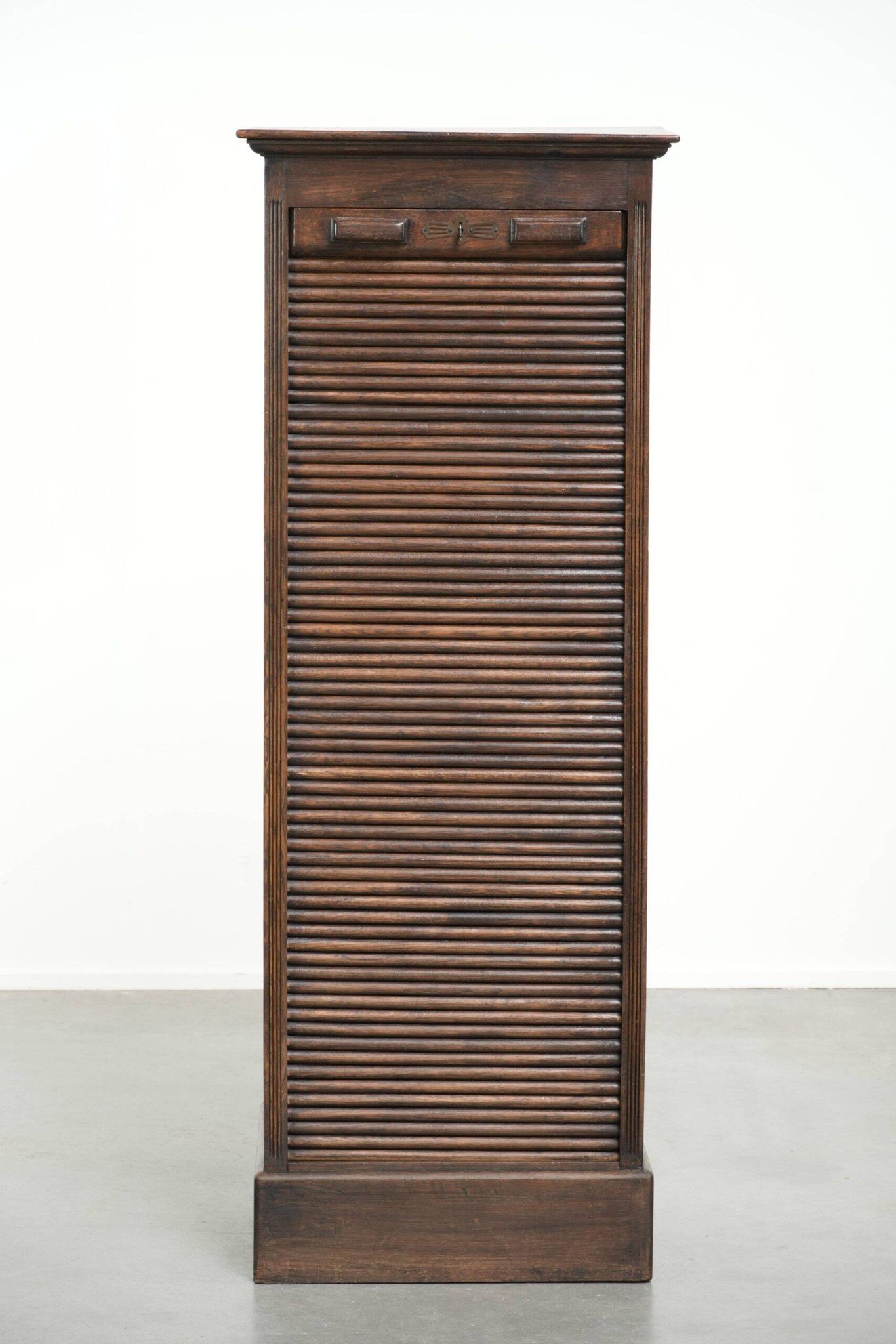 English antique archive cabinet with oak roll-up door from the 20th century
