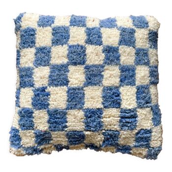Blue and white checkered wool cushion
