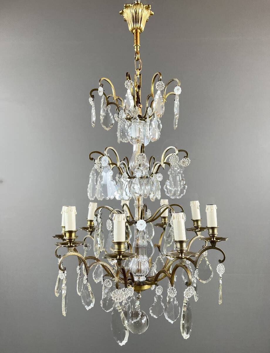 Bronze, brass and crystal chandelier, early 20th century.