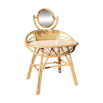 Vintage rattan hairdresser, 1960s, round mirror and woven backrest.