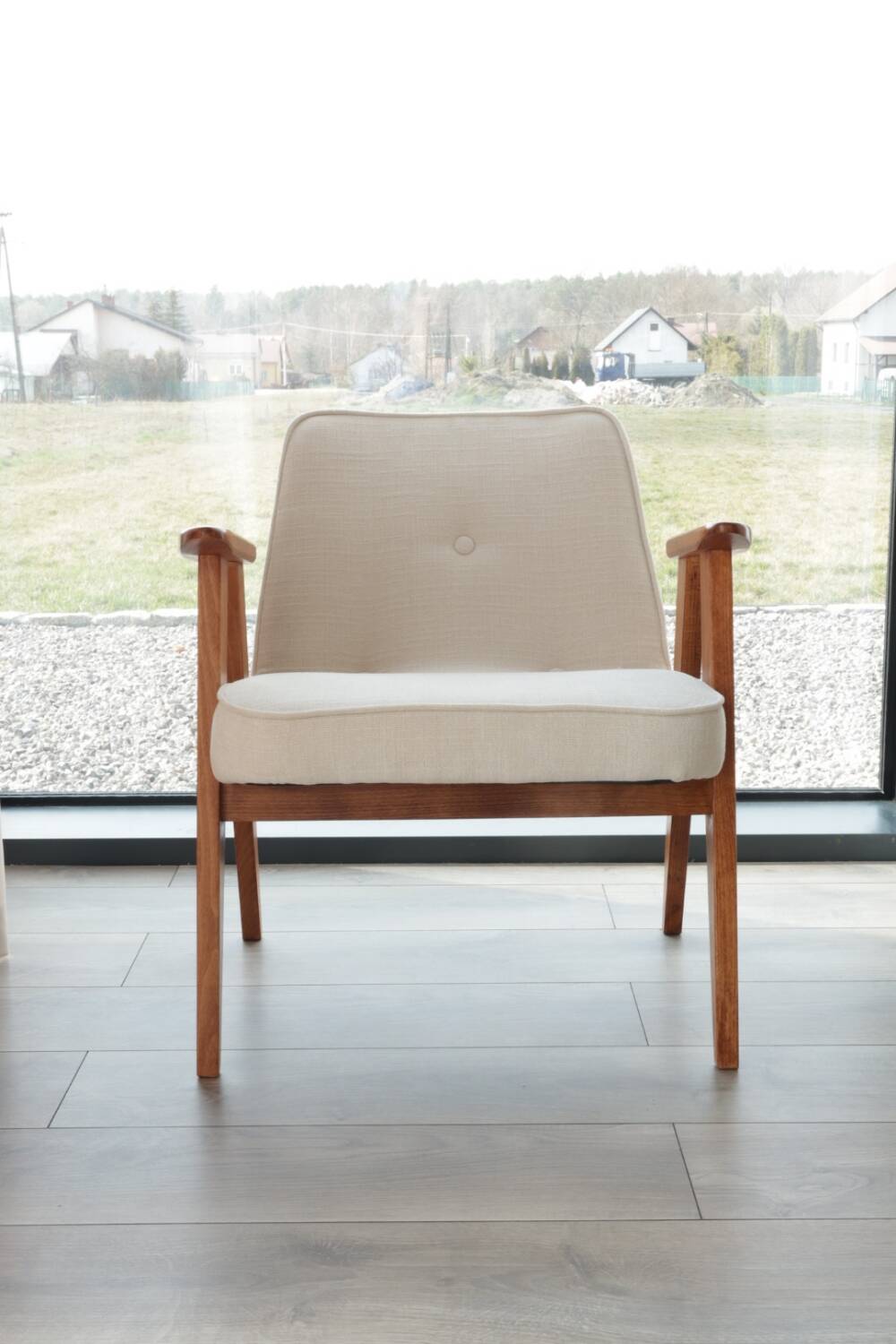 Vintage armchair in natural ecru linen, model 366