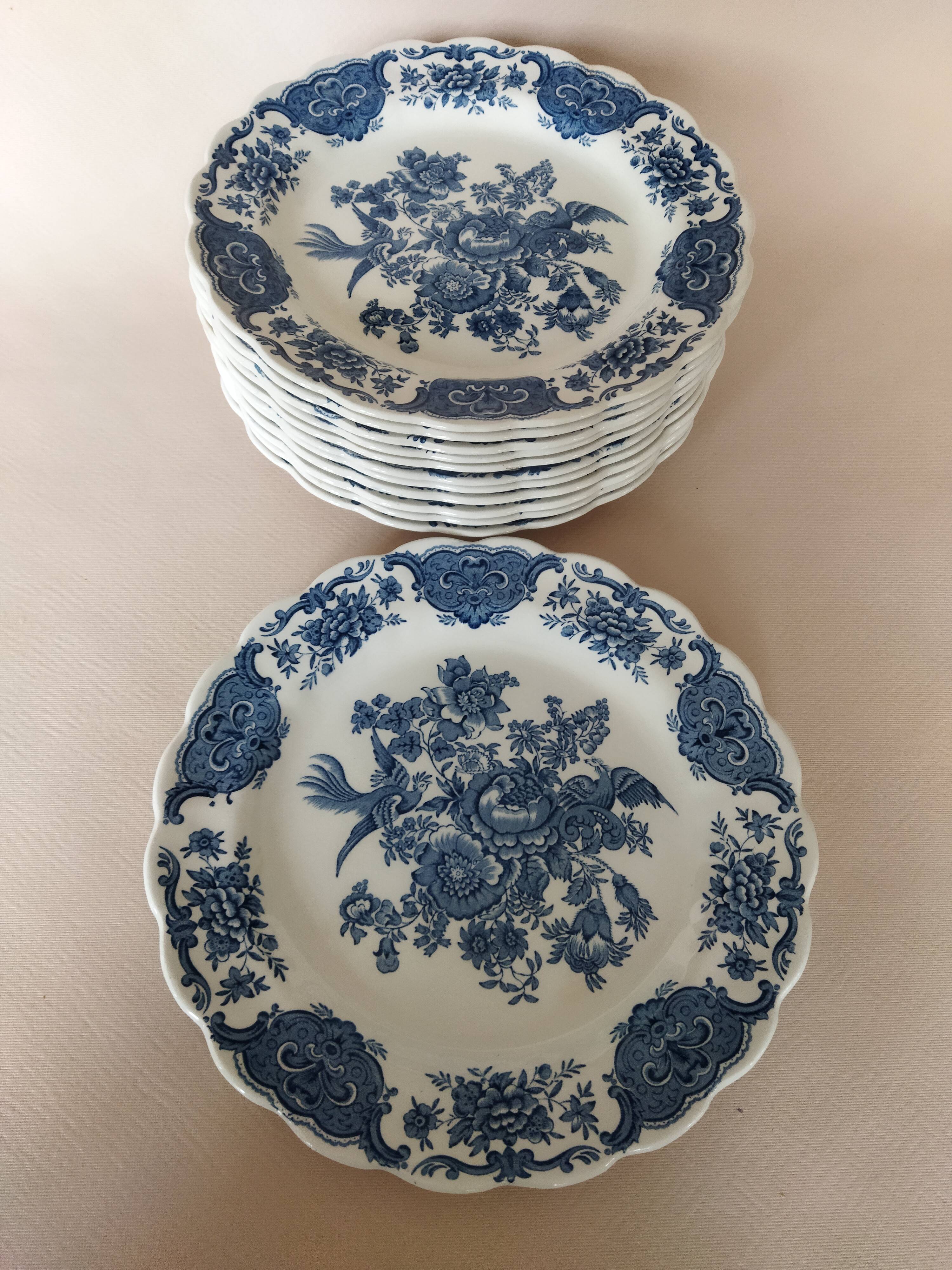 12 English dinner plates Ridgway "Windsor" ("Asiatic Pheasants") blue & white