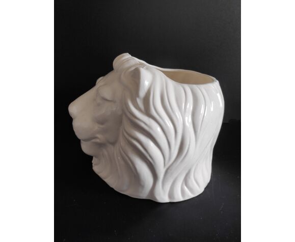 Cache-pot lion en céramique craquelée blanche | Selency