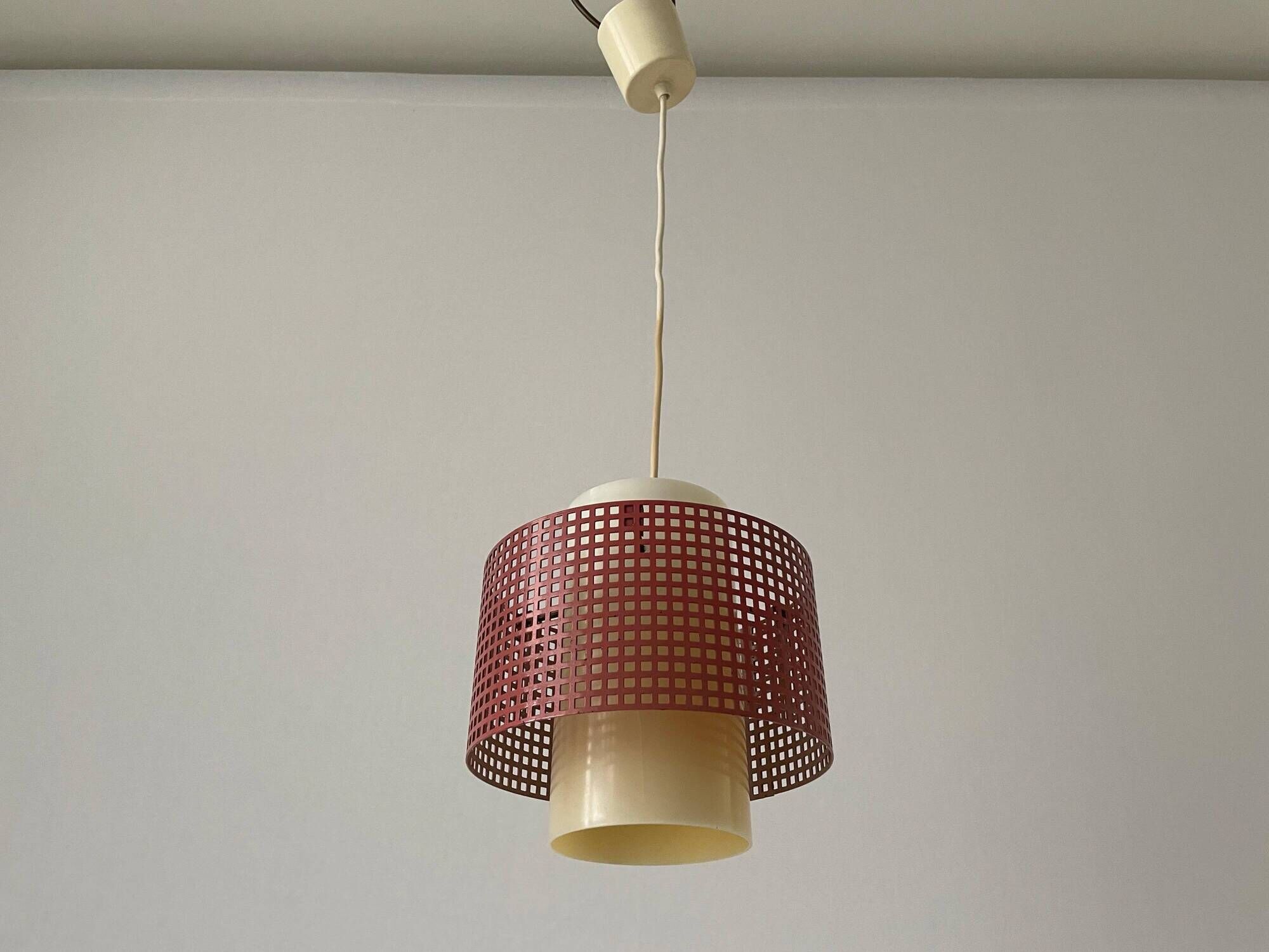 Suspended lamp in pink metal and plexiglass, Danish design, 1960s, Denmark.
