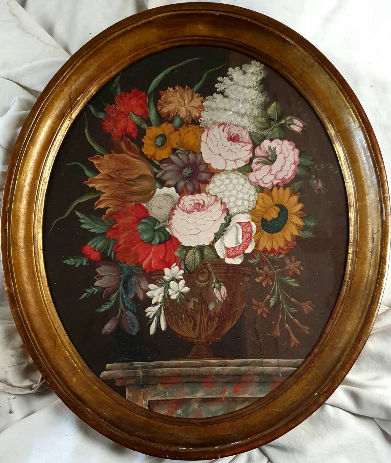 Ancient table vase with Medici flowers on a marble table, French school.