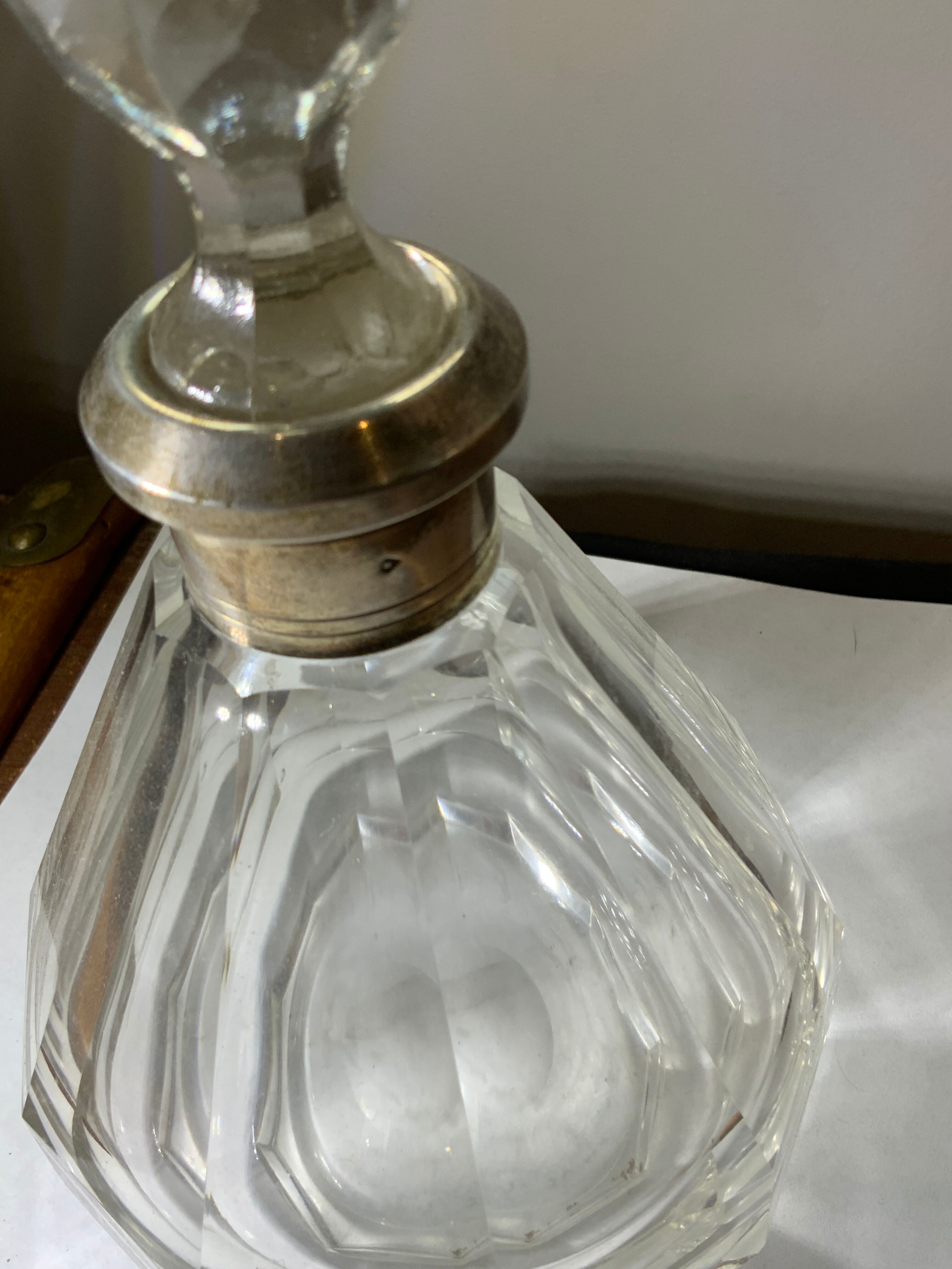 Antique crystal bottle with art deco hallmarked silver neck with facets