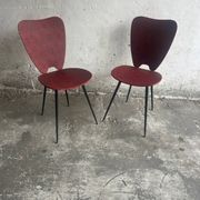 Pair of Mid-Century Red Vinyl Dining Chairs with Black Metal Legs, Sculptural Curved Backs