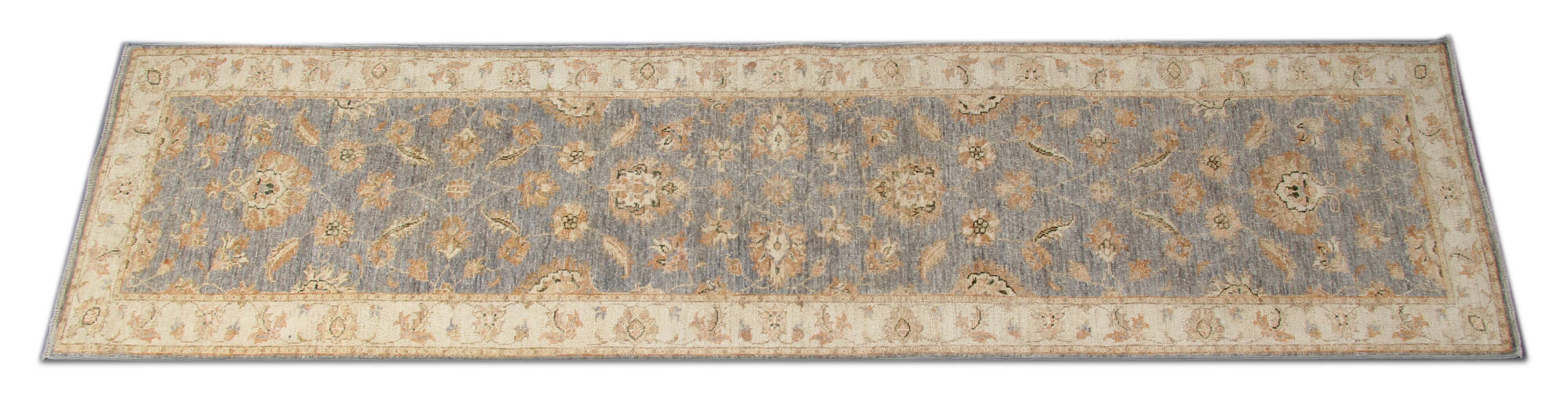 Handmade Beige & Grey Wool Runner Rug, Oriental Hallway Carpet 70x292 cm