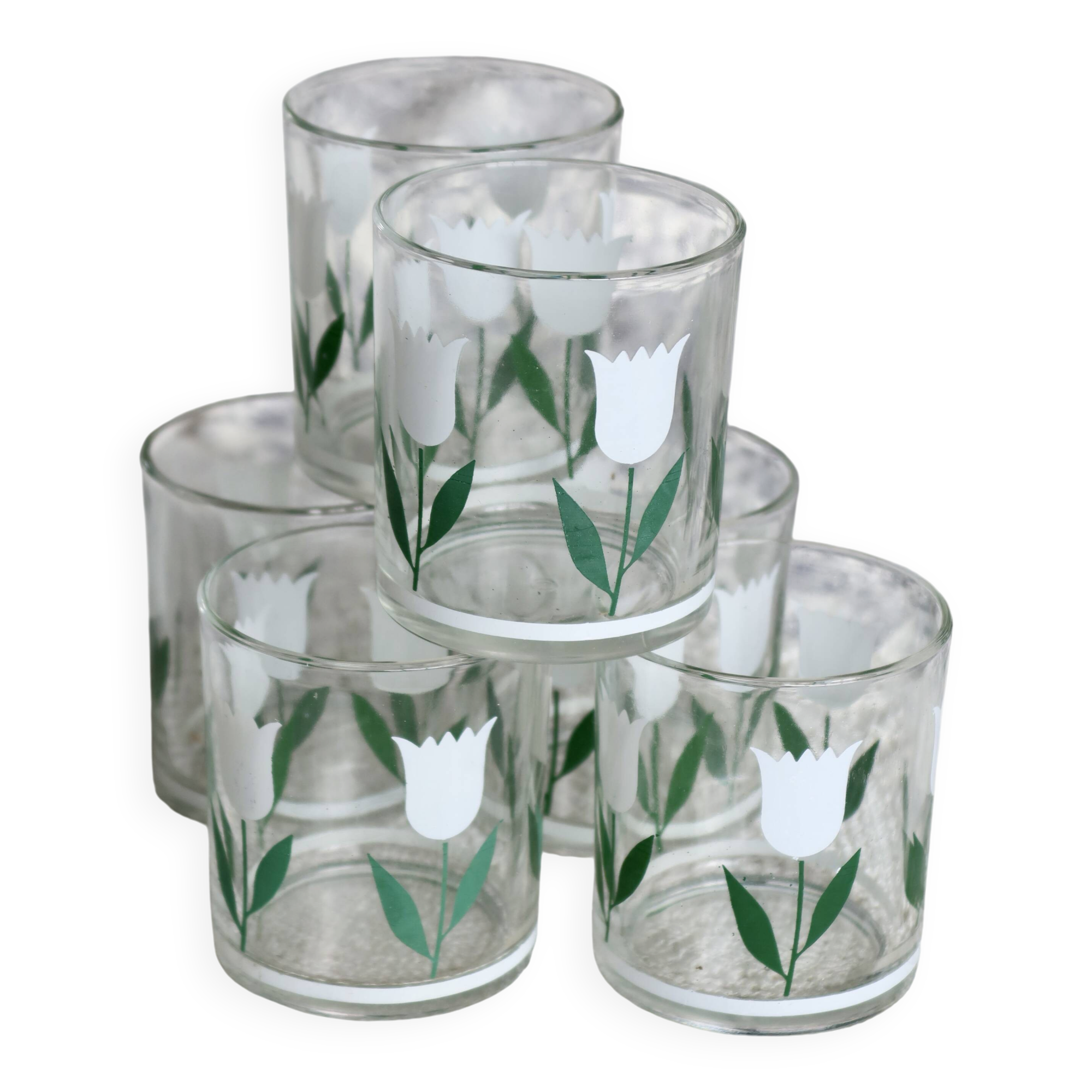 6 verres à eau vintage – Motif tulipe blanche