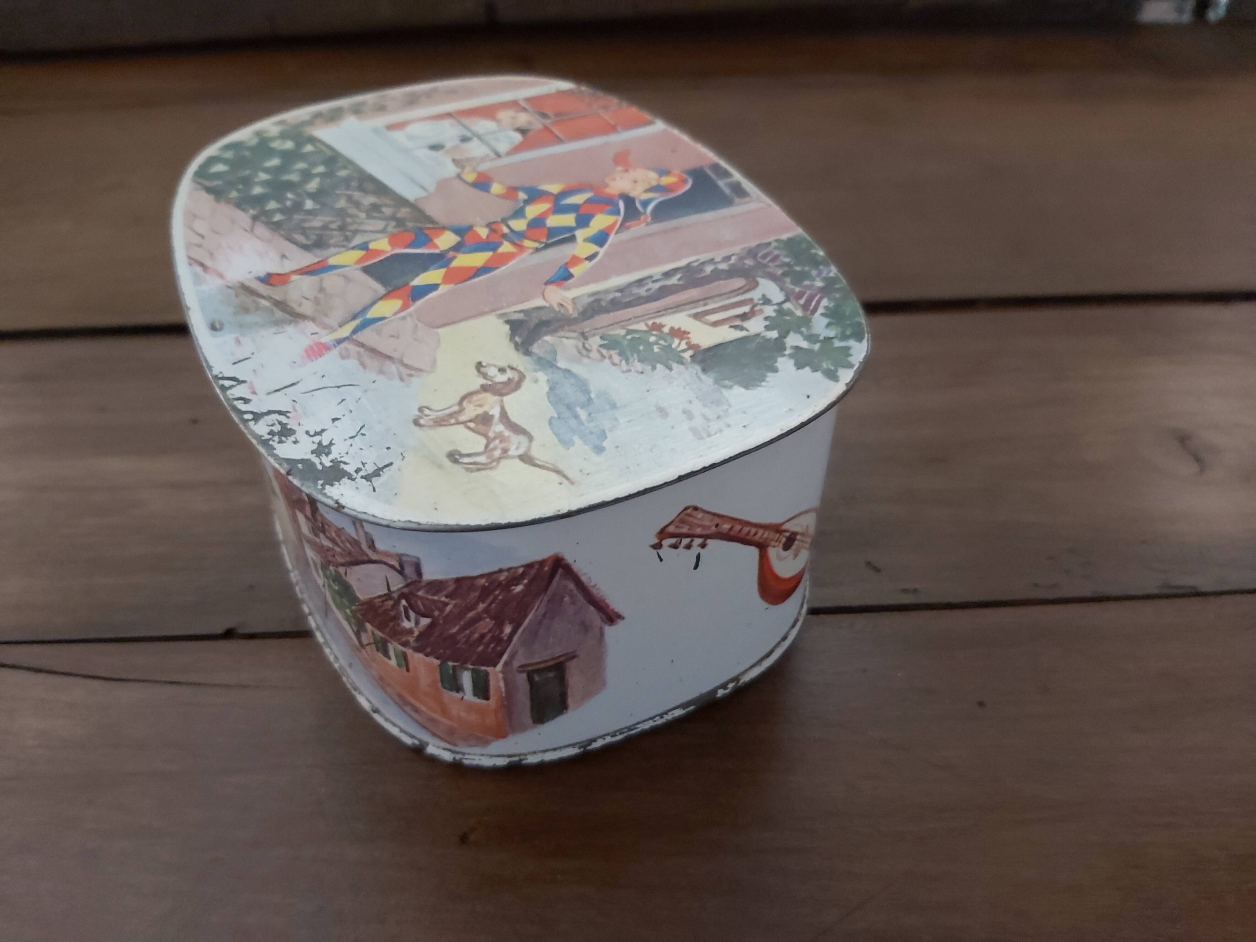 Antique metal box Columbine and Harlequin