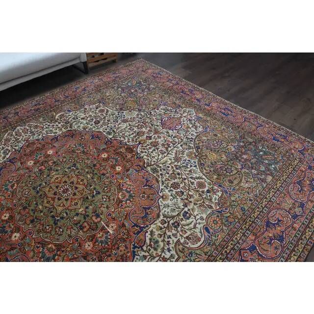 1960s Vintage Persian Handmade Wool Cotton Light Red Area Rug 253x340