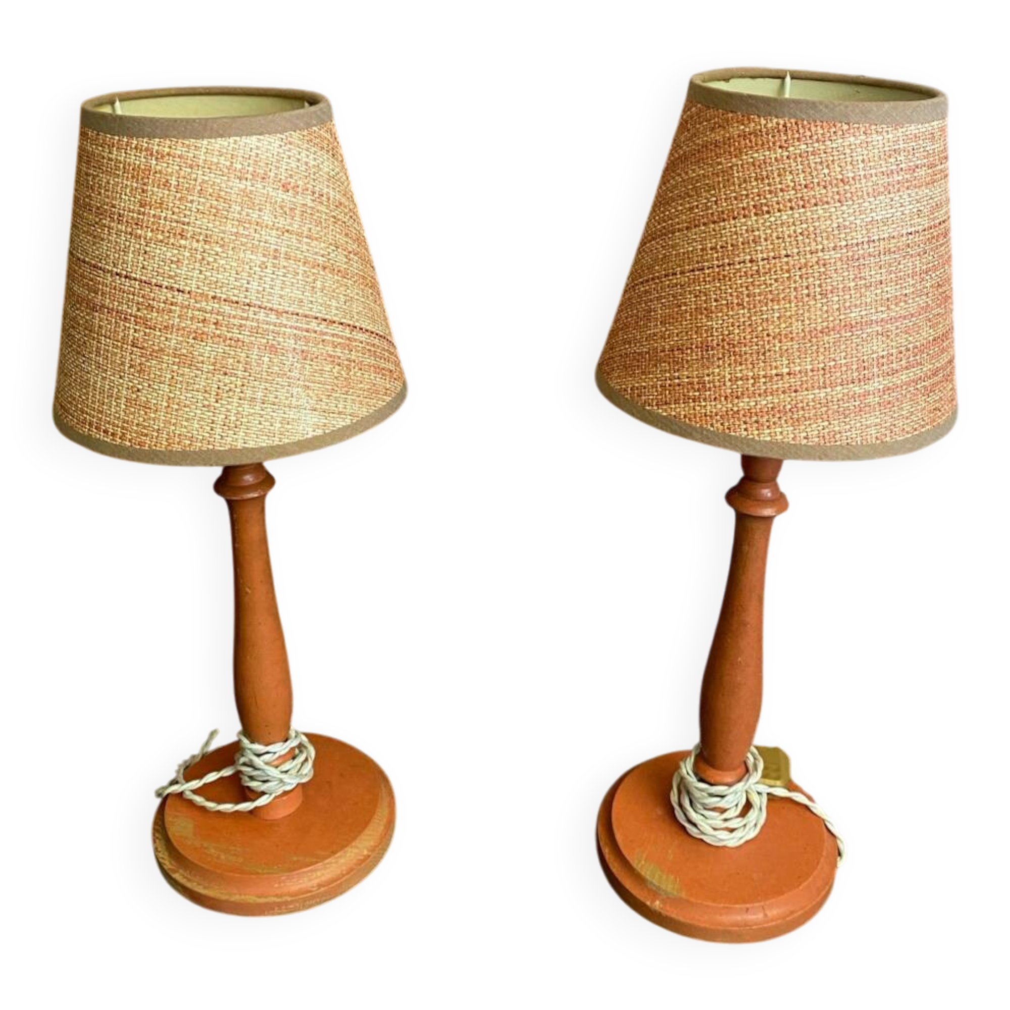 Pair of antique turned wood bedside lamps with push button switch